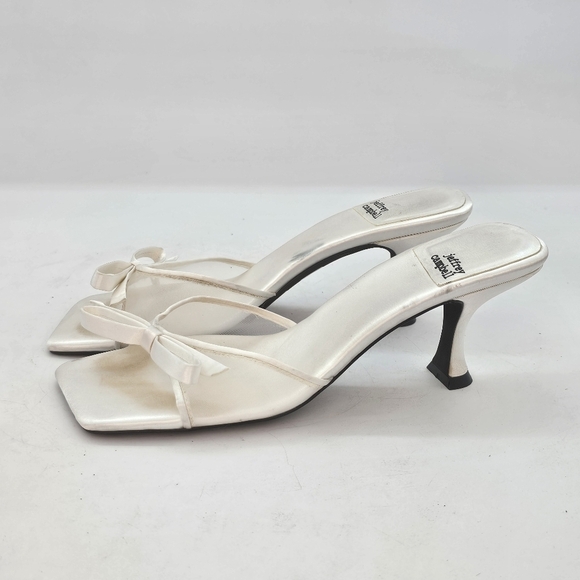 Jeffrey Campbell Sweet-On-U Square-Toe Mid Heel Slide Sandals White Satin Combo - Picture 2 of 11